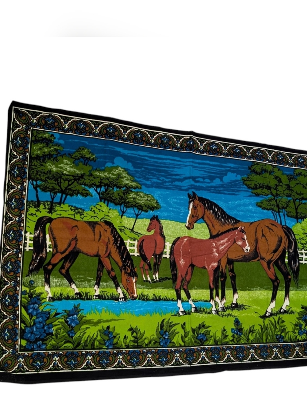 Vintage Horse Tapestry Wall Hanging, Velour Rug, Horses in Pasture MCM